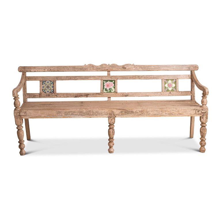 Unique One of a Kind - Distressed Rustic Bench - with Tiles Backrest - Turned Legs - Natural - Wooden
