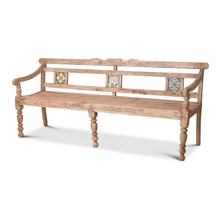 Unique One of a Kind - Distressed Rustic Bench - with Tiles Backrest - Turned Legs - Natural - Wooden