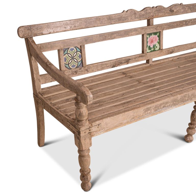 Unique One of a Kind - Distressed Rustic Bench - with Tiles Backrest - Turned Legs - Natural - Wooden