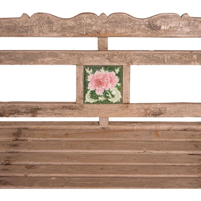 Unique One of a Kind - Distressed Rustic Bench - with Tiles Backrest - Turned Legs - Natural - Wooden