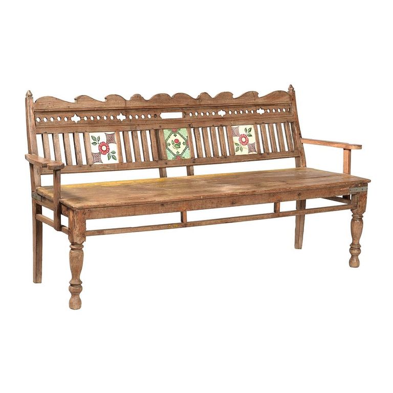 Vintage Handcrafted Bench - Carved Backrest - Natural - Wooden