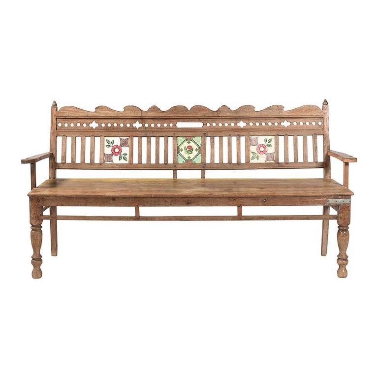 Vintage Handcrafted Bench - Carved Backrest - Natural - Wooden