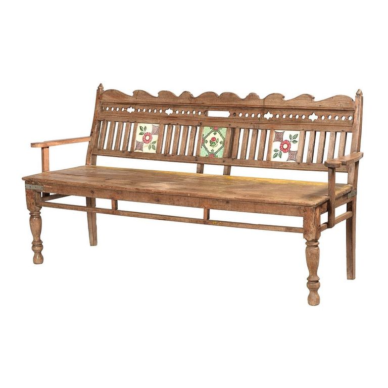 Vintage Handcrafted Bench - Carved Backrest - Natural - Wooden