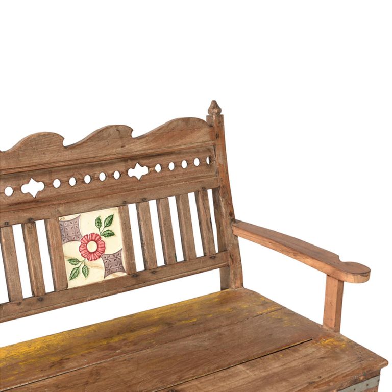 Vintage Handcrafted Bench - Carved Backrest - Natural - Wooden