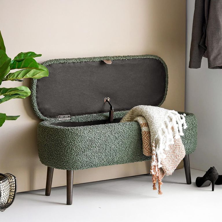 Harlow Storage Bench - Green and Black - Fabric and Rubberwood