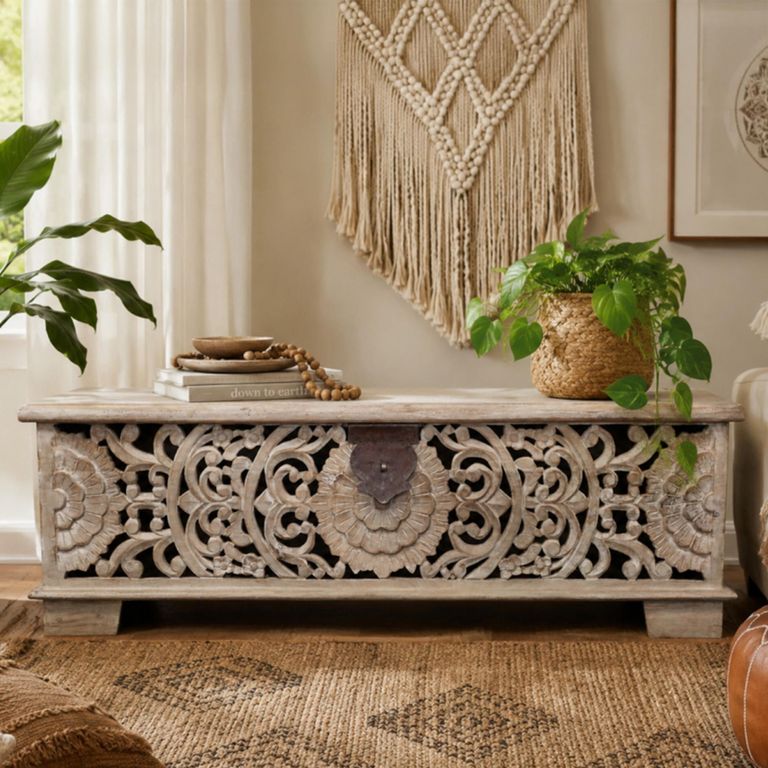 Storage Bench Carved Mango Wood Brown