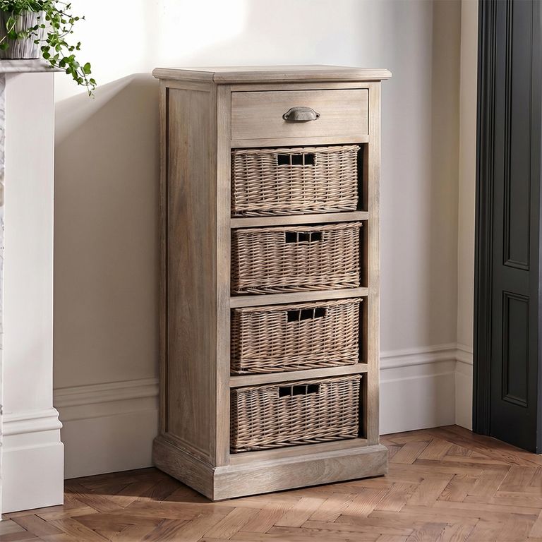 Narrow Cabinet - 1 Drawer - 4 Rattan Basket - Grey Wood