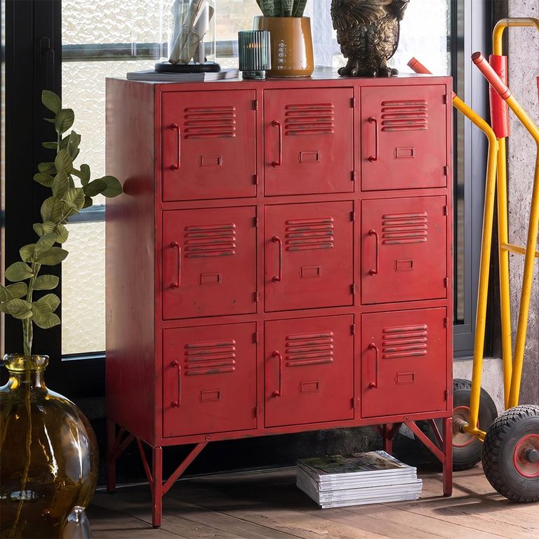 Locker Style Cupboard - 9 Door - Industrial Look - Red Distressed Metal