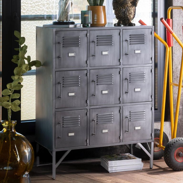 Locker Style Cupboard - 9 Door - Industrial Look - Silver Metal