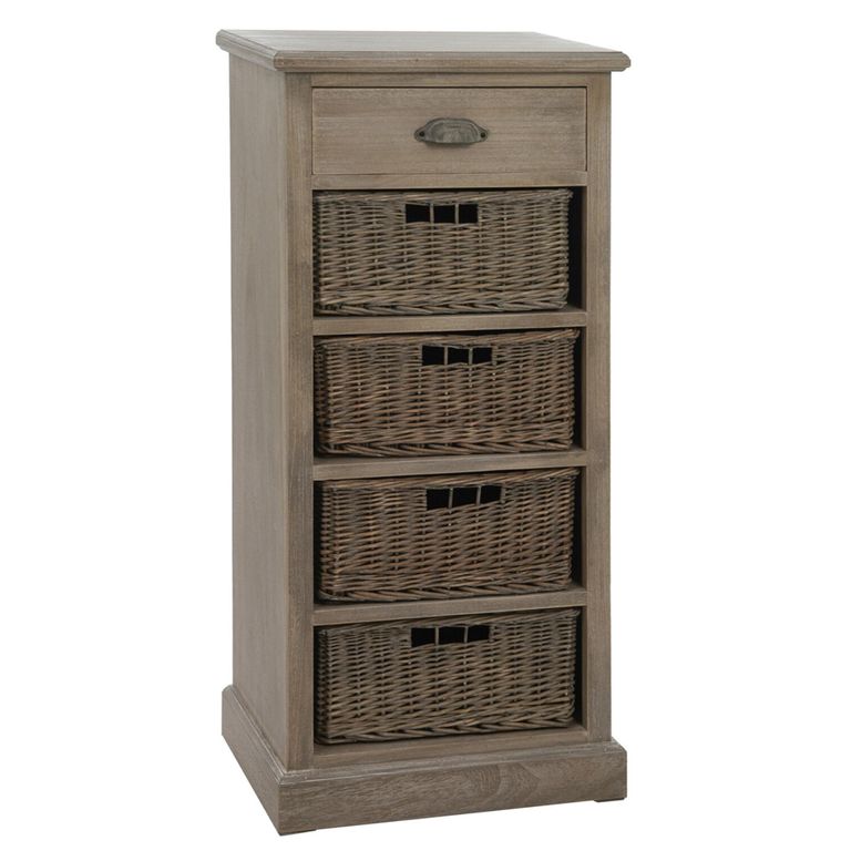 Narrow Cabinet - 1 Drawer - 4 Rattan Basket - Grey Wood