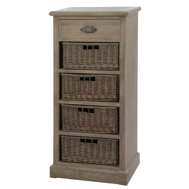 Narrow Cabinet - 1 Drawer - 4 Rattan Basket - Grey Wood