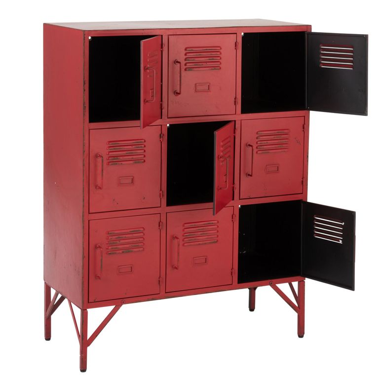 Locker Style Cupboard - 9 Door - Industrial Look - Red Distressed Metal