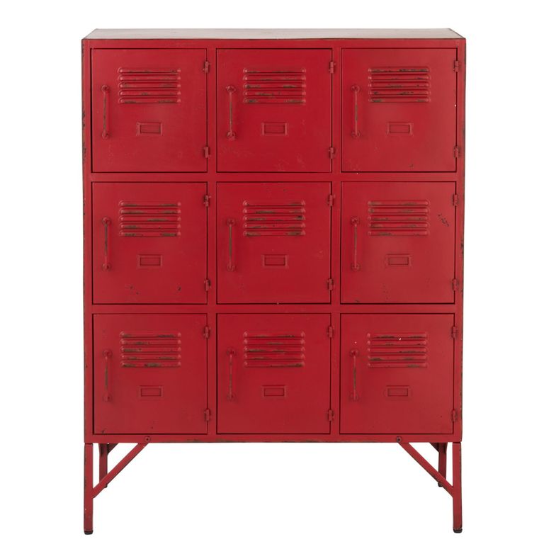 Locker Style Cupboard - 9 Door - Industrial Look - Red Distressed Metal
