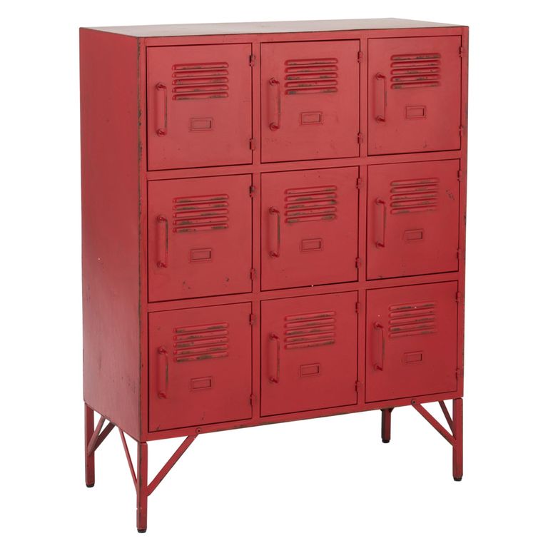 Locker Style Cupboard - 9 Door - Industrial Look - Red Distressed Metal