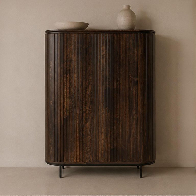 Noor Curved Fluted Hall Cabinet - 2 Door - Walnut - Mango Wood