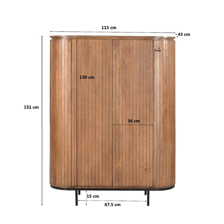 Noor Curved Fluted Hall Cabinet - 2 Door - Brown - Mango Wood