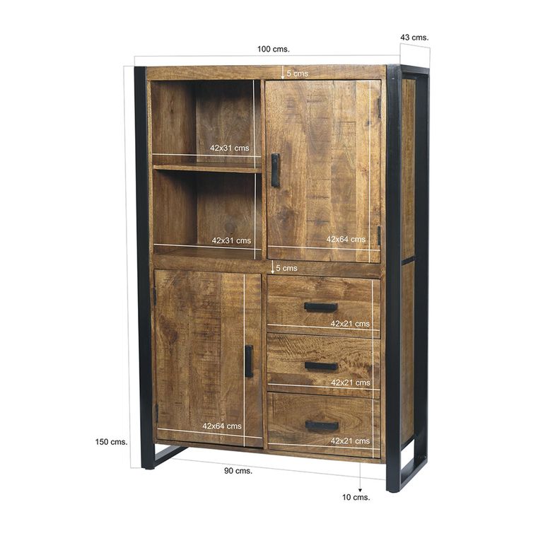 Nairobi Hall Cabinet - 2 Door - 3 Drawer - Natural - Rustic Mango Wood