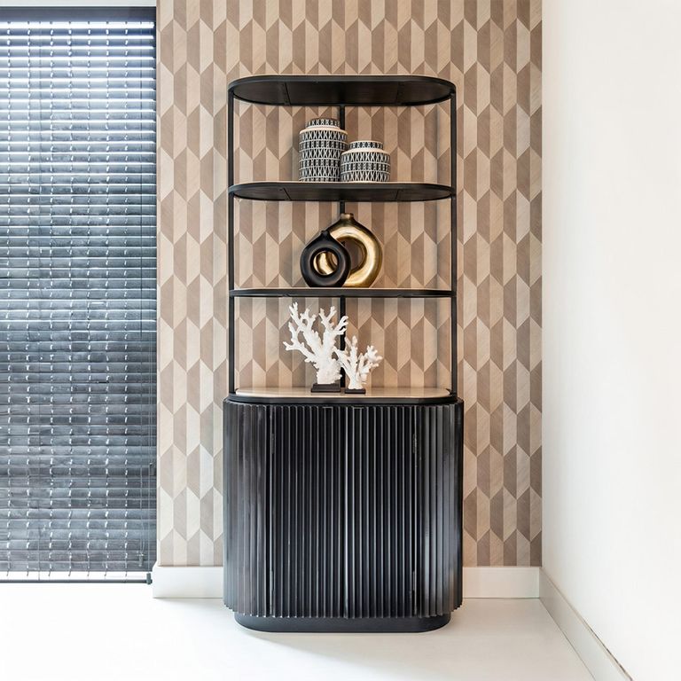 Hampton Travertine Beige 2 Door Hall Cabinet with Black Fluted Base