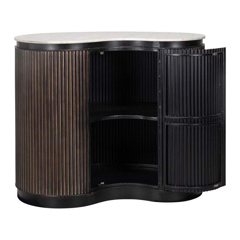 Mayfield White Marble Top 1 Door Bar Cabinet - Dark Wood Fluted Base
