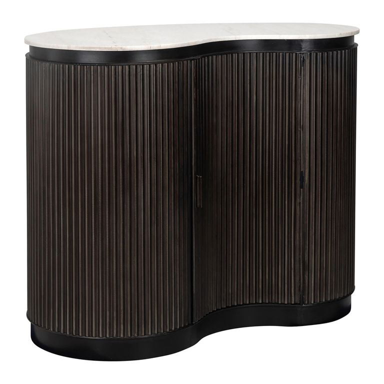 Mayfield White Marble Top 1 Door Bar Cabinet - Dark Wood Fluted Base