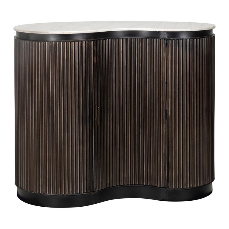 Mayfield White Marble Top 1 Door Bar Cabinet - Dark Wood Fluted Base