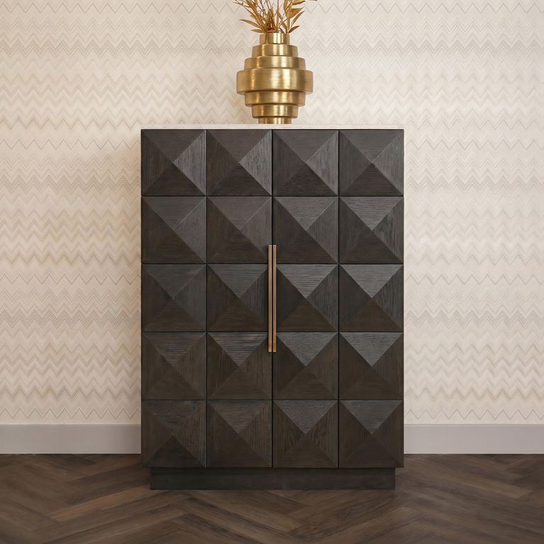 Claremont Dark Wood 2 Door Geometric Cabinet with Travertine Top