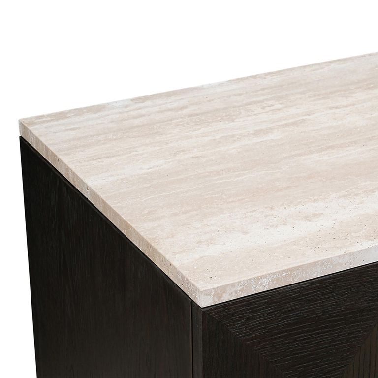 Claremont Dark Wood 2 Door Geometric Cabinet with Travertine Top