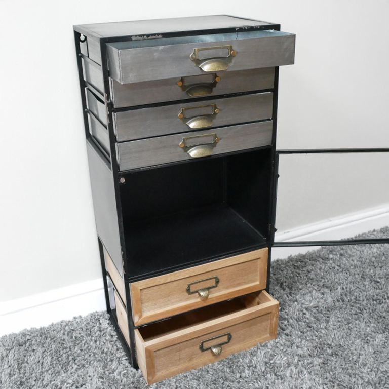 Industrial Cabinet - 1 Door - 6 Drawer - Fir Wood and Metal