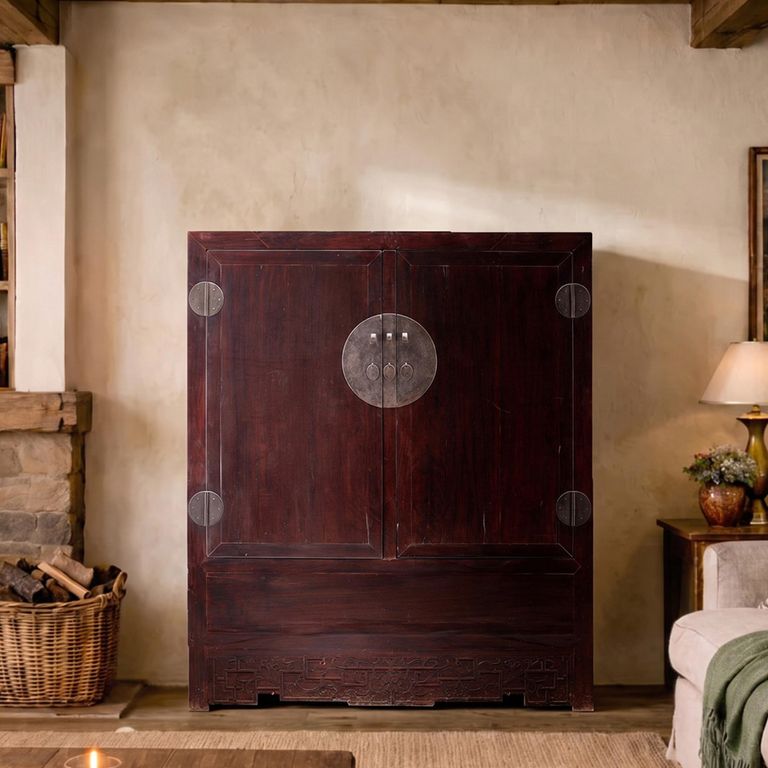 Unique One of a Kind - Carved Storage Cabinet - 2 Door - 2 Drawer - Oriental Style - Dark Brown - Lacquered Pine Wood