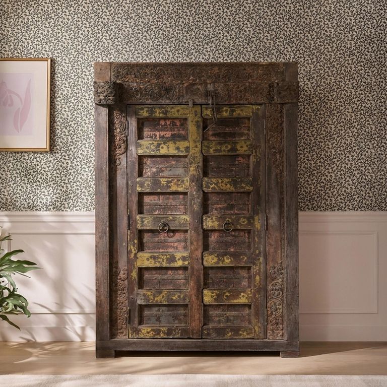 Unique One of a Kind - Carved Storage Cabinet - 2 Door - Multi-Color - Reclaimed Wood