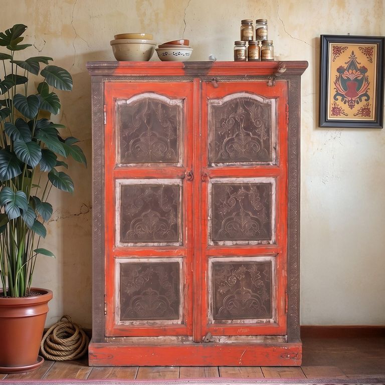 Distressed Storage Cabinet - Carved - 2 Door - Red Painted - Wooden