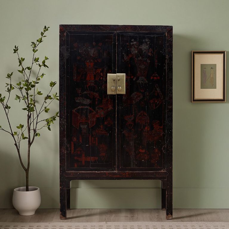 Hand Painted Storage Cabinet - 2 Door - Oriental Style - Rich Black - Wooden