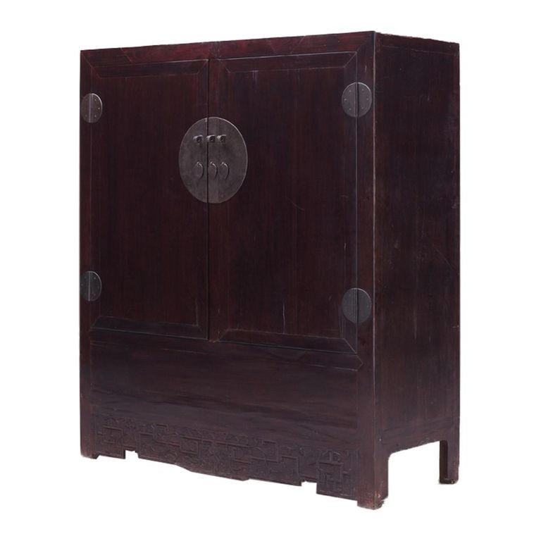 Unique One of a Kind - Carved Storage Cabinet - 2 Door - 2 Drawer - Oriental Style - Dark Brown - Lacquered Pine Wood