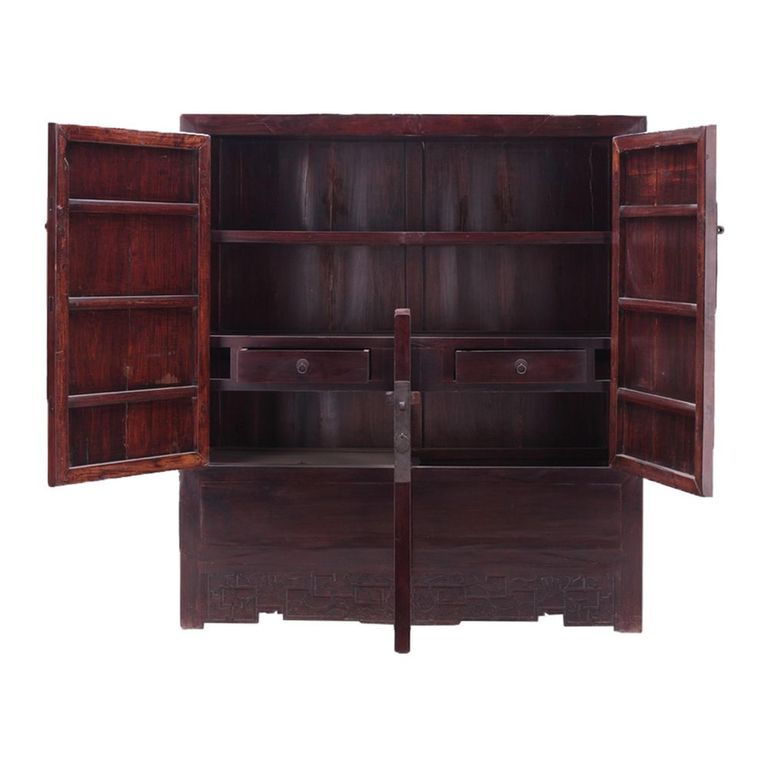 Unique One of a Kind - Carved Storage Cabinet - 2 Door - 2 Drawer - Oriental Style - Dark Brown - Lacquered Pine Wood