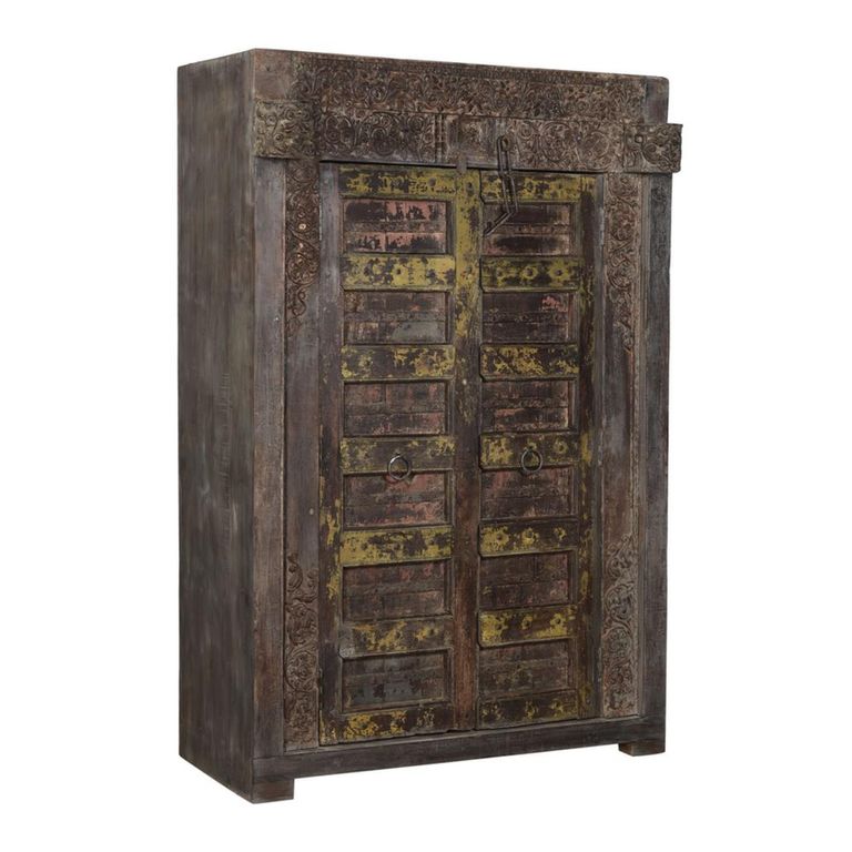 Unique One of a Kind - Carved Storage Cabinet - 2 Door - Multi-Color - Reclaimed Wood