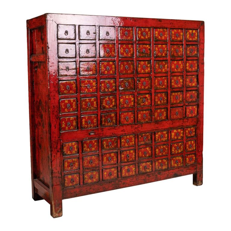 Distressed Cabinet - Apothecary - Multi-Drawer - Vintage Red - Wooden