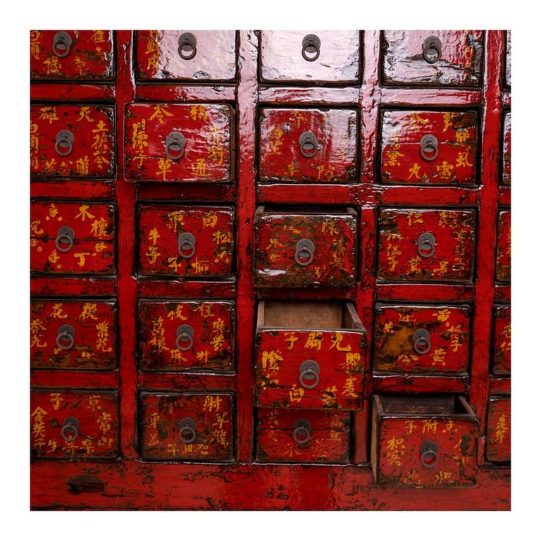 Distressed Cabinet - Apothecary - Multi-Drawer - Vintage Red - Wooden