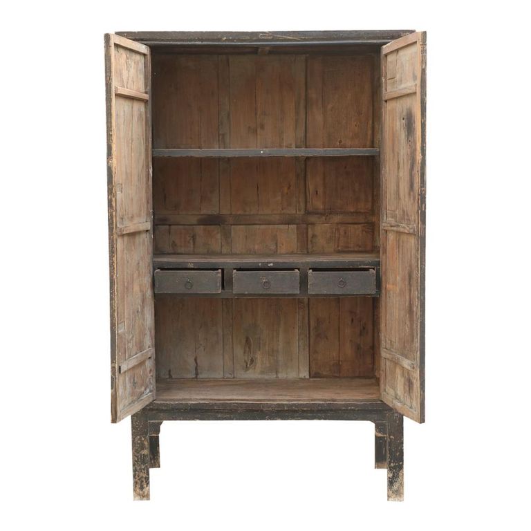 Distressed Storage Cabinet - 2 Door - 3 Drawer - Oriental Style - Vintage Black - Wooden