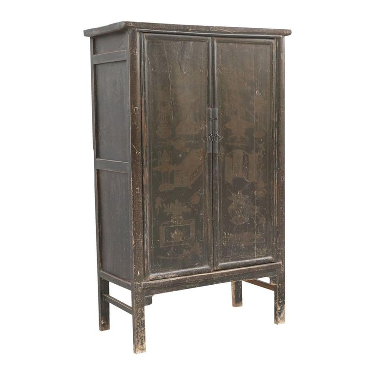 Distressed Storage Cabinet - 2 Door - 3 Drawer - Oriental Style - Vintage Black - Wooden