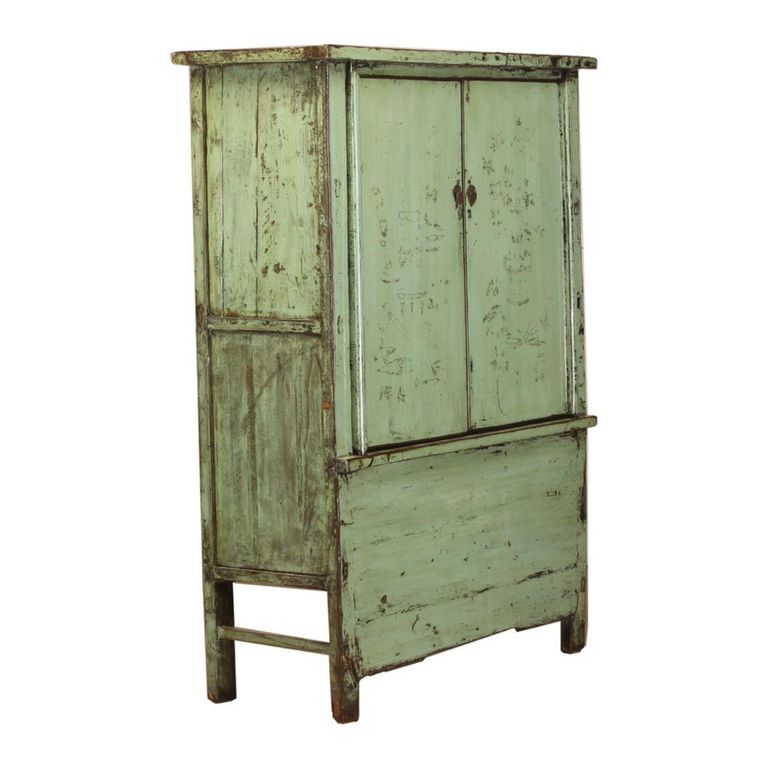 Unique One of a Kind - Distressed Storage Cabinet - 2 Door - Vintage Green - Lacquered Pine Wood
