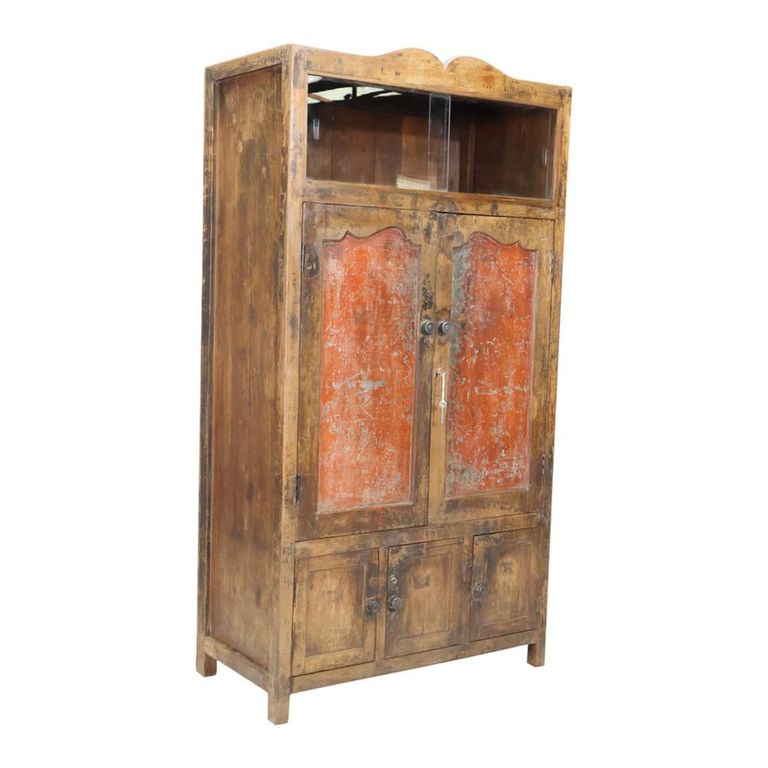 Unique One of a Kind - Distressed Storage Cabinet - 5 Door - Orange - Glass and Wood