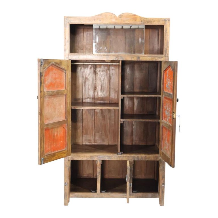 Unique One of a Kind - Distressed Storage Cabinet - 5 Door - Orange - Glass and Wood