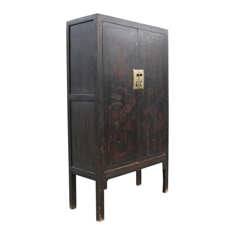 Hand Painted Storage Cabinet - 2 Door - Oriental Style - Rich Black - Wooden