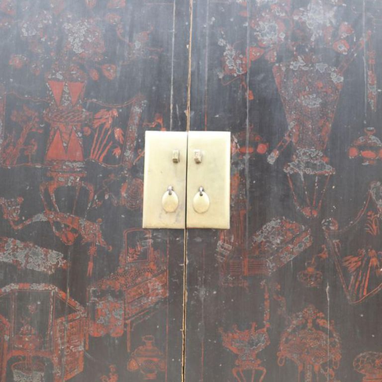 Hand Painted Storage Cabinet - 2 Door - Oriental Style - Rich Black - Wooden