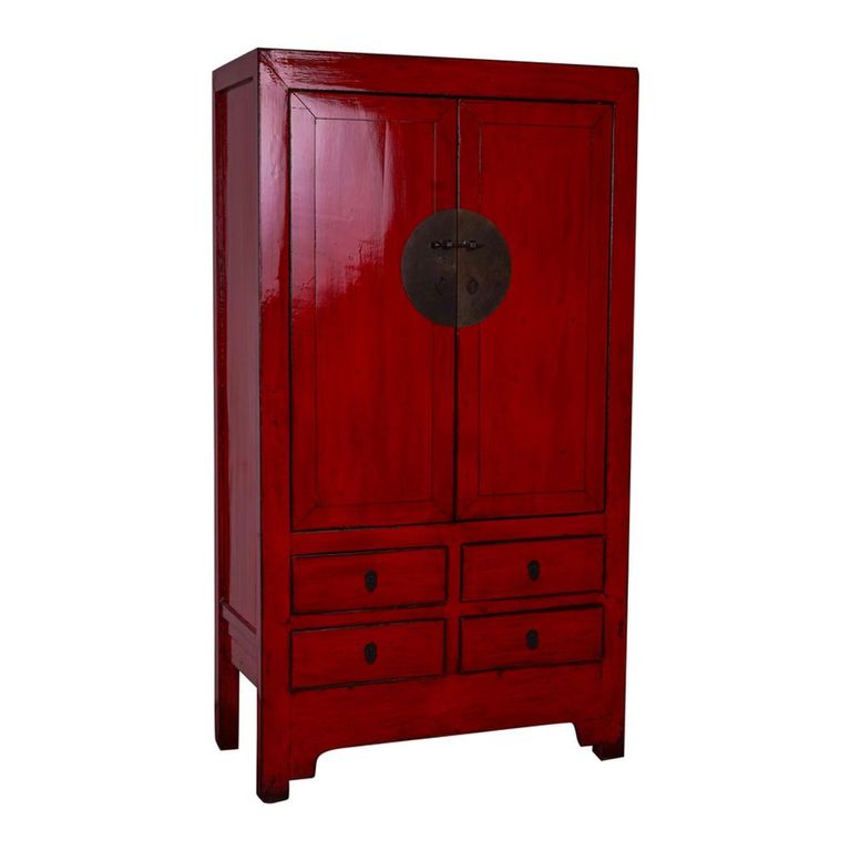 Handcrafted Storage Cabinet - 2 Door - 4 Drawer - Oriental Style - Red - Wooden