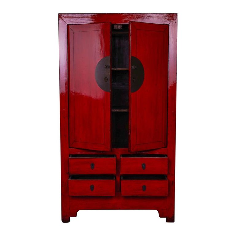 Handcrafted Storage Cabinet - 2 Door - 4 Drawer - Oriental Style - Red - Wooden