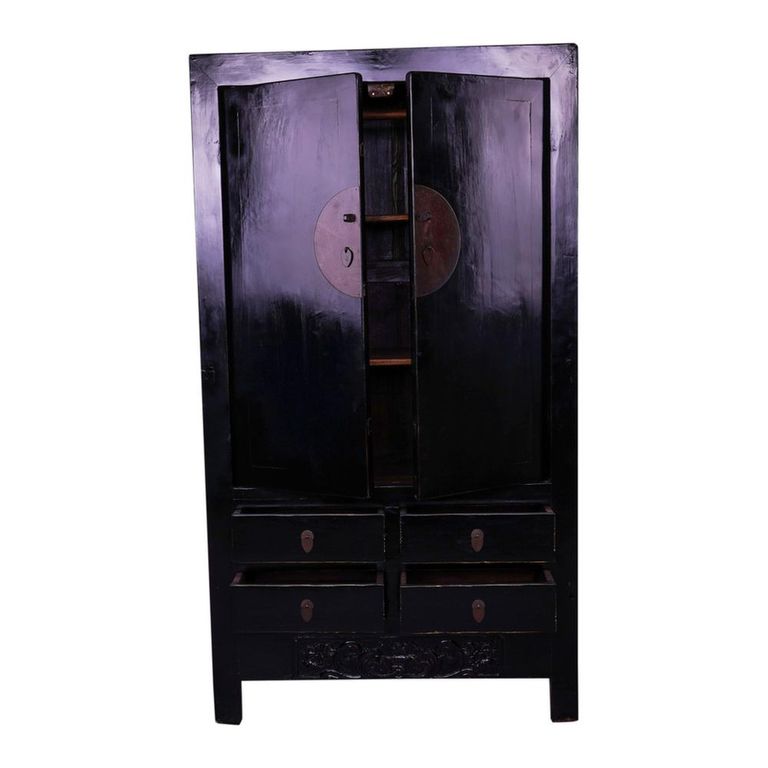 Handcrafted Storage Cabinet - Carved - 2 Door - 4 Drawer - Oriental Style - Black - Wooden