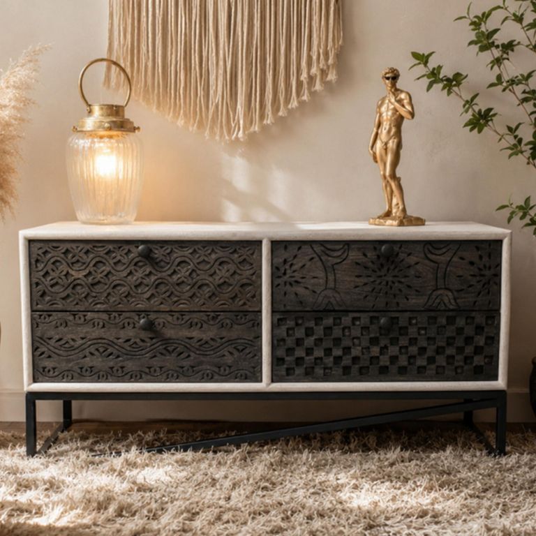 Black and White Mango Wood Storage 4 Drawer Cabinet