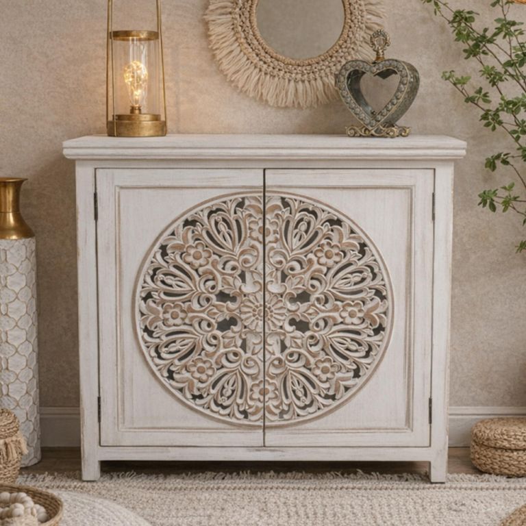 Whitewashed Carved Mango Wood 2 Door Small Cabinet