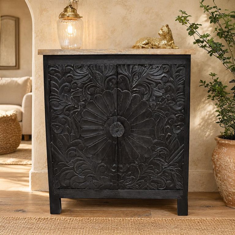 Black Carved Mango Wood 2 Door Hall Cabinet
